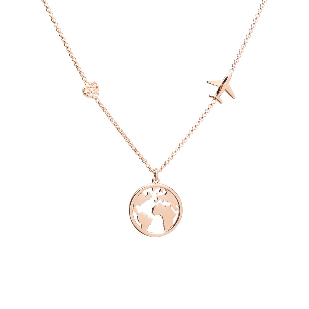 WearTravelers Collana Mappa del Mondo con Aereo e piccolo cuore luminoso in Argento 925 - Idea Regalo per Donna Viaggiatrice - Prodotto Made in Italy - Modello Atlanta