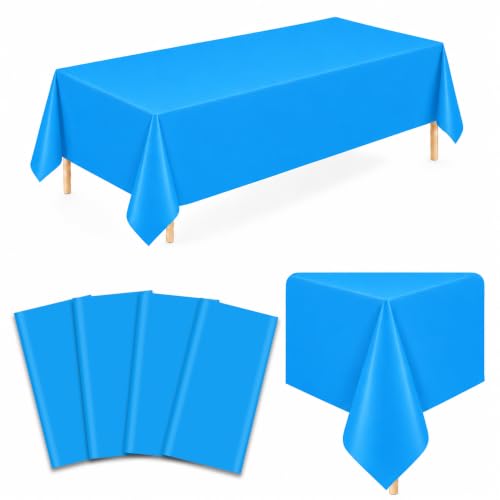 Image of WNINK 4 Pack Sky Blue Plastic Tablecloths, 54 x 108 Inch Disposable Covers | Ideal for Baby Showers, Birthdays, Gender Reveals and Pool Parties, Protect Tabletops from Spills and Simplify Cleanup