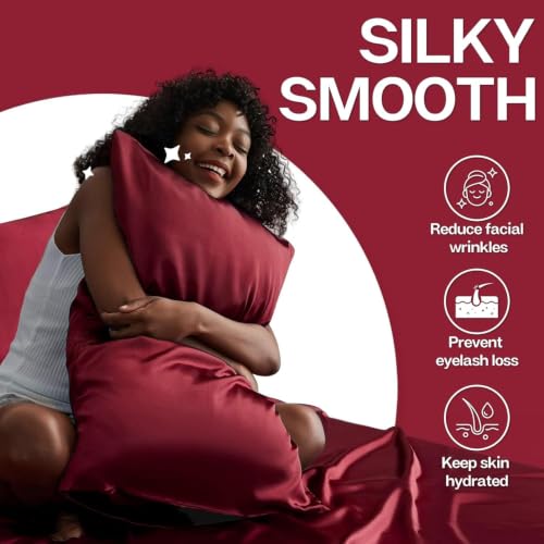 Image of SKVM Satin Silk Pillow Covers Set of 2 for Hair and Skin scrunchies Set for Women 3-Pieces Pillowcase Soft Breathable Smooth Sleeping Envelope Closure Cover Bed Anti Frizz 18 inchX 28 inch (4, Cherry Red)