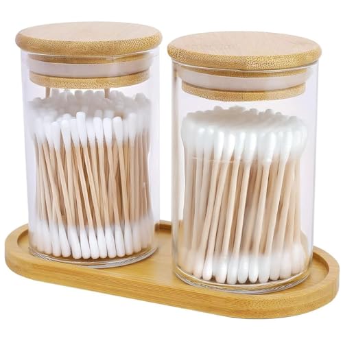 Lot de 2 pots en verre transparent avec plateau en bois, rangement de salle de bain pour tampons cosmétiques et accessoires