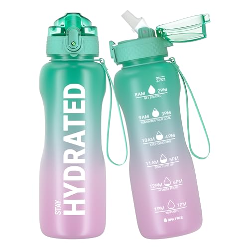 Gohippos Water Bottle, 800ML Sports Water Bottle with Straw and Time Markings, Motivational Drinks Bottle to Stay Hydrated, Tritan, BPA Free, Leakproof, for Gym Fitness School Office(1 Bottle)