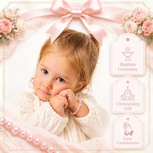 Image of Pink Pearl Bracelet, Sterling Silver Cross Charm Baptism Gifts for Girl