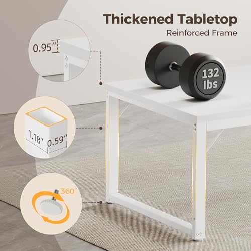 Image of 40 Inch Computer Desk, 1 inch Thick Small Office Table, White | Modern Simple Style, Heavy Duty Industrial Frame, Small Study & Writing Table for Home Bedroom Work