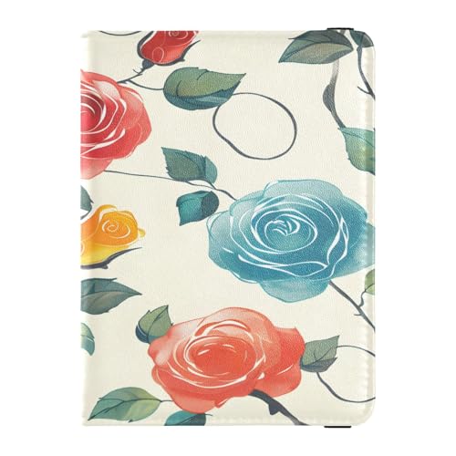 Funda para pasaporte, tarjetero de vacunación, tarjetero de piel, diseño de flores, hojas, rosa, tinta de fantasía, rojo y amarillo, organizador de documentos de viaje