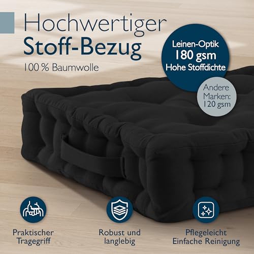 Beautissu Bodenkissen Sitzkissen 50x50 cm - Dickes Matratzenkissen 10cm - 100% Baumwolle Stuhlkissen Indoor & Outdoor Sitzkissen Boden Tragegriff extra Dicke Sitzauflagen Schwarz - Mila