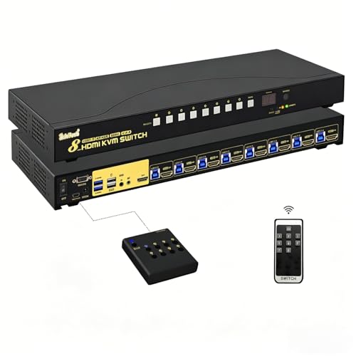 JideTech 8-Port HDMI KVM Switch 4K@60Hz with USB 3.0 Hub, Audio Support, Keyboard & Mouse Hotkey, Remote Control, Rack Mount 1U for Windows/Mac/Linux
