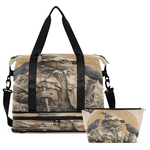 Halloween Bird Beige Travel Duffel Bag for Women Men Gym Bag with Shoe Compartment Wet Pocket Carry On Weekender Overnight Bags for Travel Gym Yoga School