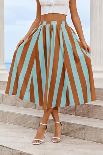 Image of Cicy Bell Womens Summer Striped Maxi Skirts A-Line Beach Vacation Outfits | Elastic Waist, Side Pockets, Flowy, Midi Length, Color Contrast, Trendy Casual