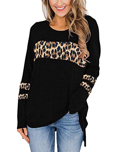 Hount Women's Long Sleeve Round Neck Shirts Color Block Casual Loose Side Split Tunic Tops Blouse