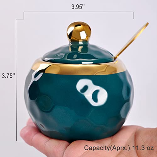 WHJY Ceramic Sugar Bowl with Lid and Spoon, Golf Design Porcelain Salt Bowl Salt Container, Modern Spice Box Seasoning Jar for Home and Kitchen Coffee Bar - Green - Image 3