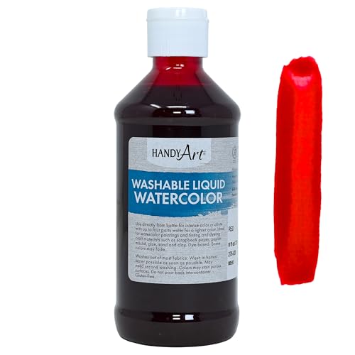 Handy Art Washable Liquid Watercolor, Red, 8 oz Bottle, Dye-Based Color, Easy to Dilute with Water, Ready to Use Concentrated Paint, Certified Safe & AP Non-Toxic, Made in USA