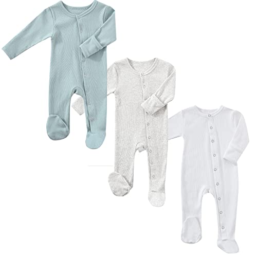 Image of KISBINI Baby Footed Pajamas with Mitten Cuffs Unisex Cotton Snap-up Romper Jumpsuit Sleep and Play 0-12 Months Footies