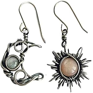 Antiqued Silver Sun and Moon Drop Earrings, Crystal Moon Star Dangle Hoop Earrings, Bohemian Sun Moon Earrings, Retro Punk Jewelry for Women Girls
