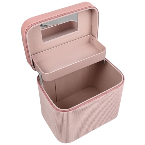 Neceser de maquillaje elegante de terciopelo rosa con doble capa y espejo para mujer