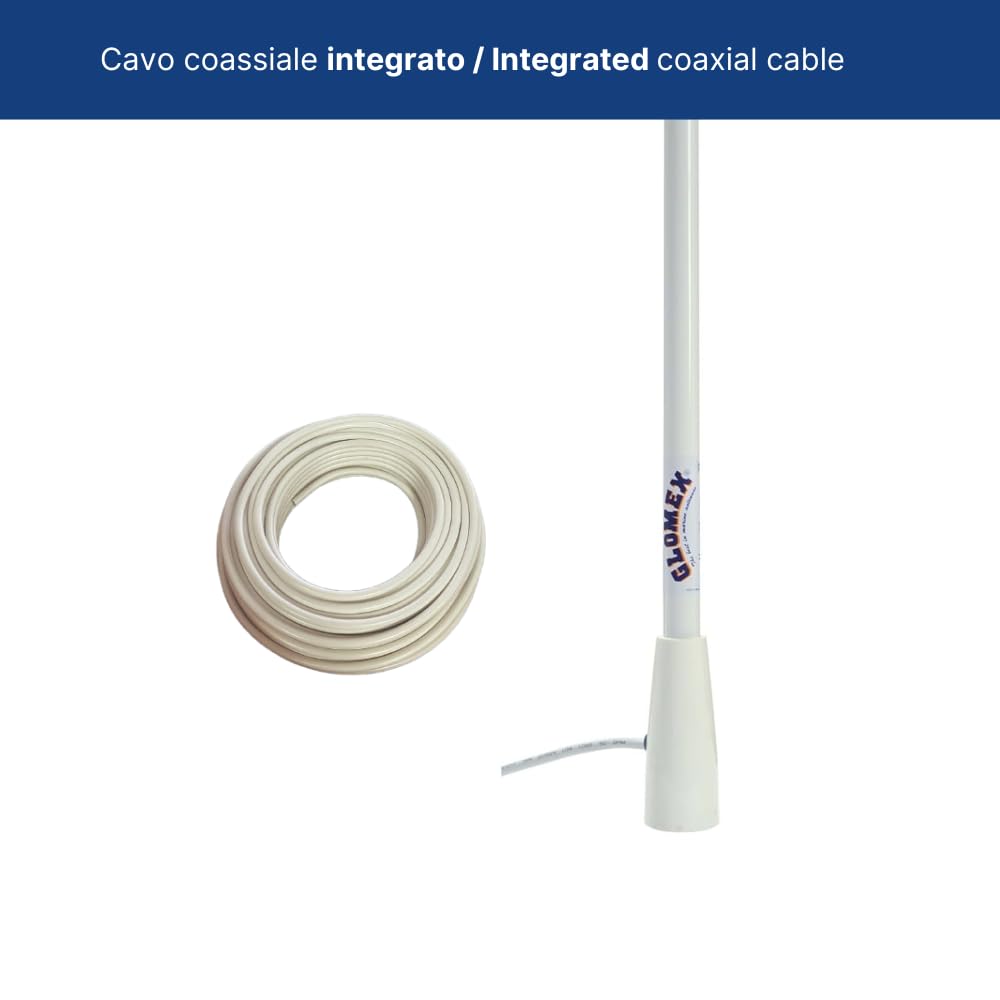 Glomex – Antenna VHF "Basic Line" 1,5m (Bianco), Modello RA400 – Include Cavo 4,5m, Boccola Nylon, 3dB, DC Ground, Per Barche a Motore – Qualità Conveniente