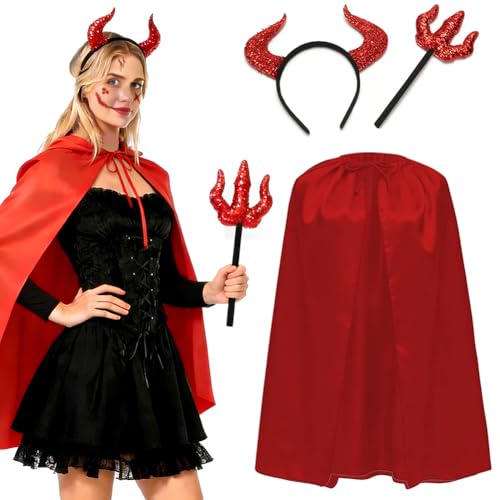 HTGWCG Disfraz de Diablo para Mujer, Tatuaje Cara Temporales, Capa Con Tridente, Diadema de Diablo de Halloween, Juego para Carnaval y Mascarada, Estilo Vampiro