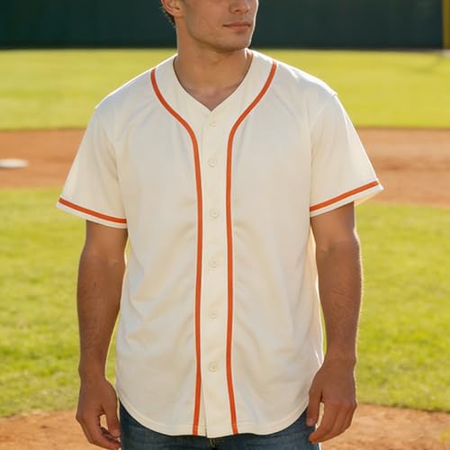 Camiseta de béisbol beige-naranja lisa, manga corta casual con botones
