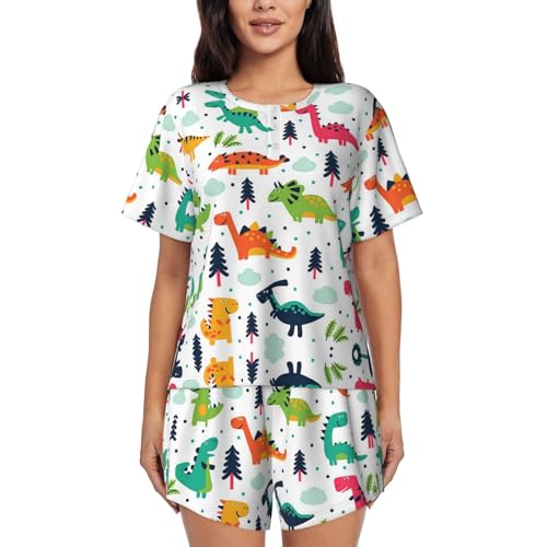 ALLiYa Pyjama à manches courtes et col rond pour femme Dinosaures colorés, Noir , S Taille courte