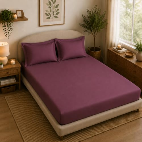 Image of Linen Home Cotton Percale Fitted Bedsheet Set King Size Damson Berry