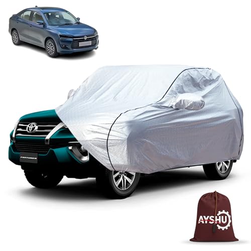 Image of AYSHU Waterproof Car Cover for Maruti Suzuki New Swift Dzire | Mirror & Antenna Pocket | Anti-Scratch Soft Cotton Inner Layer | Triple Stitched | Heat Resistant Metallic Silver, All-Weather Protection