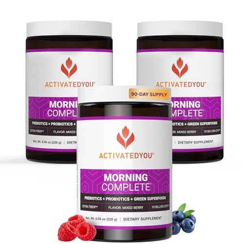 ACTIVATEDYOU Morning Complete Daily Wellness Greens Superfood Drink Mix for Gut Health w/Prebiotics, Probiotics, Antioxidants, Green Superfoods, 10 Billion CFUs (3 Pack, Mixed Berry)