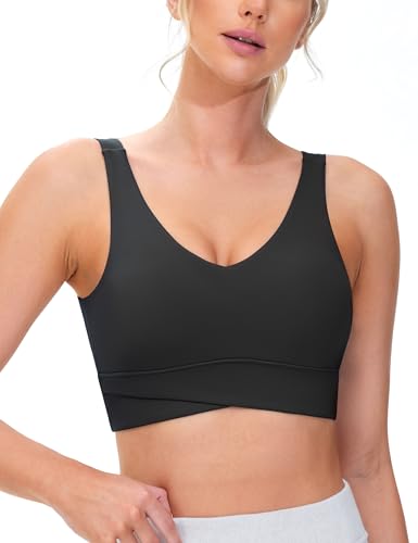 THE GYM PEOPLE Women's Padded Sports Bra V-Neck Wireless Stretchy Workout Crop Tops with Cross Hem Soft Yoga Bras