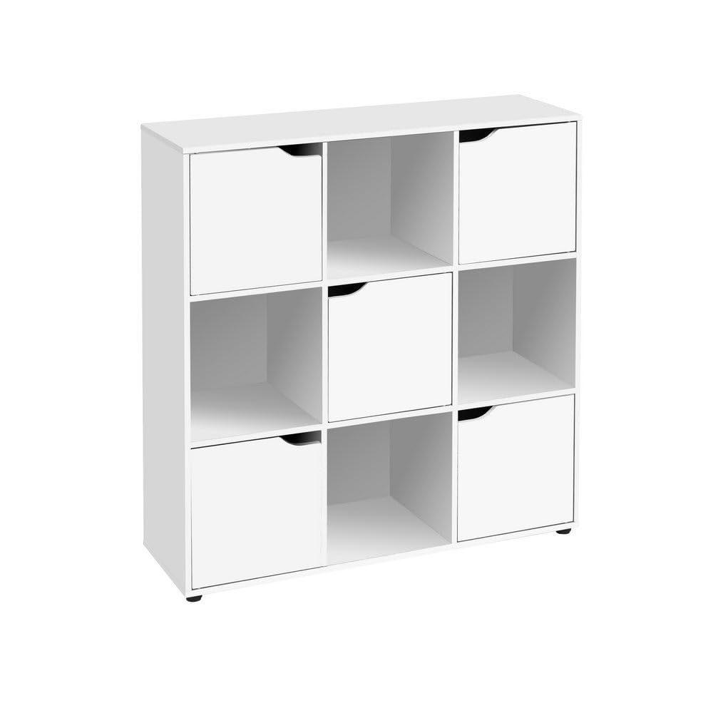 Estantería Cubo con 9 estantes y 5 puertas color blanco de 90x90x29 cm | Mueble de almacenaje compacto de tablero laminado de 12mm con puertas y huecos abiertos para dormitorio, salón o despacho