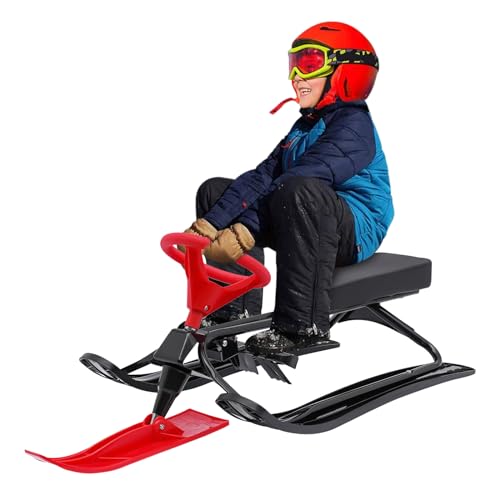 Snow Racer Sled, Twin Brakes Ski Sled Slider Board with Steering Wheel & Bicycle Handle for Kids Age 3-15 Years (Red)