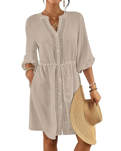 Bsubseach Salida de baño para mujer, cuello en V, con bolsillo, cordón, botones, camisa, vestidos de playa, Albaricoque, S