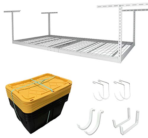 MonsterRAX 4x8 Rack and Bins Bundle | 4â€™ x 8â€™ Overhead Rack w/Storage Bins and Accessory Package (White, 18\"-33\")