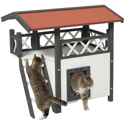 PawHut Katzenhaus aus Holz Winterfest wasserdicht 77x50x73cm Weiß+Rot