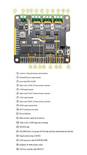 XICOOLEE Isolated RS485 CAN HAT for Raspberry Pi Ardui STM32 2-Ch CAN Bus+1-Ch RS485 Adopts MCP2515 + SN65HVD230 Dual Chips Slide Switch 3.3V 5V Level Multiple Protection Circuits - Image 3