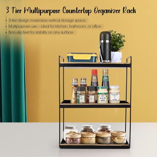 Image of Niyara Iron Metal Heavy Duty Stand 3-Tier multistorage /Multipurpose Standing Rack, Bathroom Countertop Storage Shelf Cosmetic Organizer Holder Kitchen Spice Rack (Square Black with Golden)