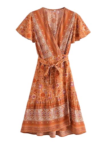 Bohemian Women’S Floral Print V-Neck Beach Wrap Mini Dress Ladies