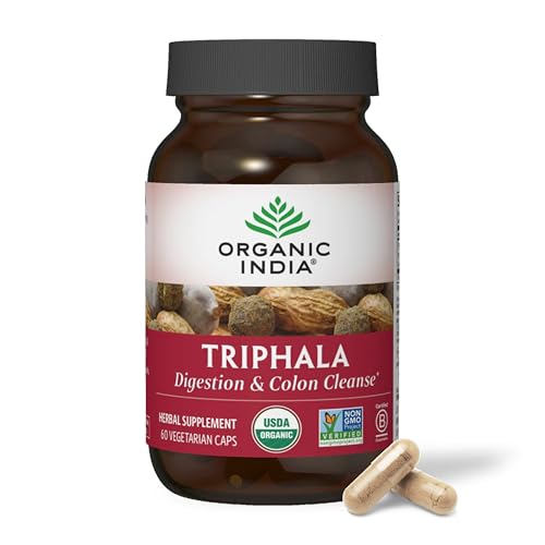 ORGANIC INDIA Triphala Capsules Organic - Herbal Supplement with Amla Bibhitaki Haritaki Digestion & Colon Support Immune System Support Adaptogen Vegan USDA Certified Organic - 60 Capsules