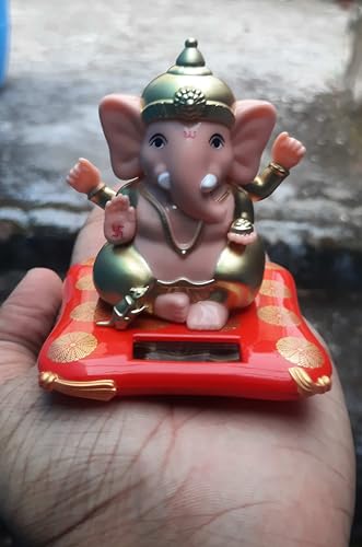 Image of Solar Powered Ganesha Idol with Moving Hand, Red and Gold, Plastic Made, for Car Dashboard or Home Office Decor Gifting