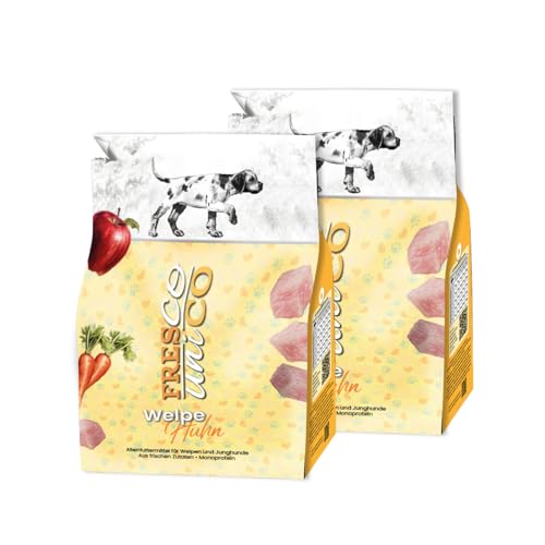 FRESCO Dog Unico Huhn 5kg | Welpenfutter Trockenfutter für Hunde | Hoher Frisch-Fleischanteil 65% & Gemüse | Hundefutter trocken Junior | Mono-Protein & hohe Verträglichkeit | 2,5kg Doppelpack