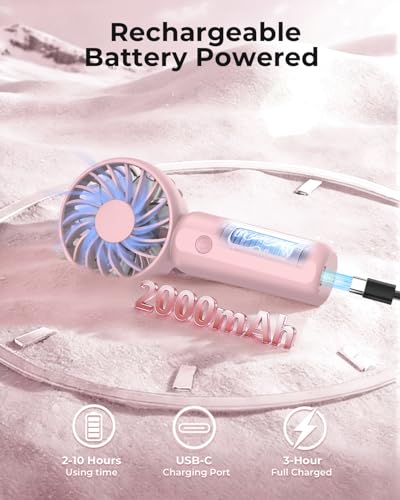 Image of ARCTICOOL Portable Mini Fan - Rechargeable Hand Fan with 3 Adjustable Speeds, 2000mAh Battery, Lightweight Design, Low Noise, and Easy Portability for Indoor and Outdoor Use(Pink)