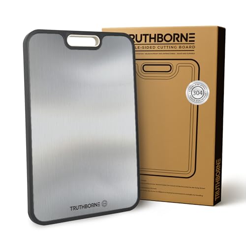 TRUTHBORNE Tabla de cortar cocina acero inoxidable doble cara con fibra de trigo – utensilio de cocina ecológico, antideslizante, sin olores ni BPA, accesorio doméstico 38,5 x 26,5 cm
