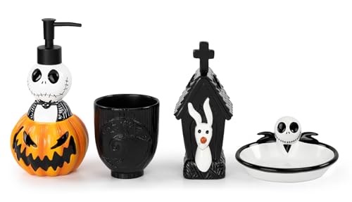 Jay Franco Disney Nightmare Before Christmas Organizer Set - 4 Piece Black and White Accessories Includes Resin Soap Dispenser Sponge Holder Toothbrush Holder and Tumbler - Bathroom Dcor
