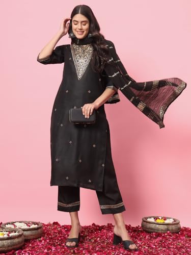 Image of VredeVogel Women's Cotton Blend Kurta Pant Set with Chanderi Silk Embroidery Dupatta