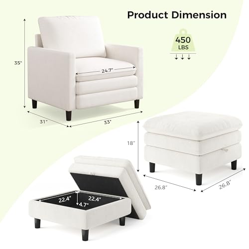 Image of Welzona 3-Layers Cloud Accent Chair with Ottoman, 33 inch Teddy Reading Chair