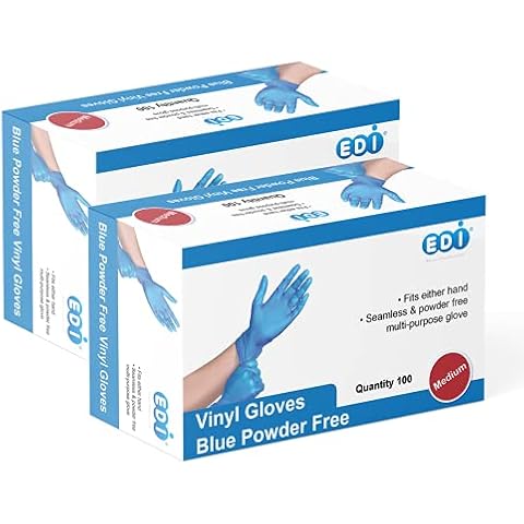 EDI Disposable Vinyl Gloves (Blue) - Powder-Free, Latex-Free (200, Medium) Cover