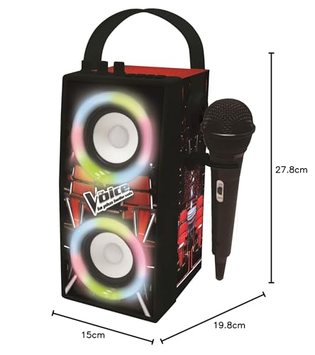 LEXIBOOK, The Voice, Altavoz Luminoso Bluetooth portátil con micrófono, Efectos de luz, Karaoke, Inalámbrico, USB, Tarjeta SD, Batería Recargable, Negro/Rojo, BTP180TVZ