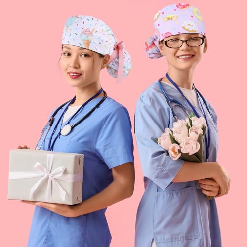 Image of 6 Pcs Scrub Caps for Women Doctor Nursing Hats with Buttons Adjustable Tie Back Working Cap Bouffant Scrub Hats for Women Men