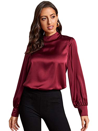 Verdusa Women's Elegant Mock Neck Long Sleeve Satin Blouse Top Burgundy S