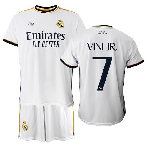 Real Madrid Conjunto Niño Camiseta y Pantalón Primera Equipación de la Temporada 2023-2024 - VINI JR. 7 - Replica Oficial con Licencia Oficial - Niño (12 Años)
