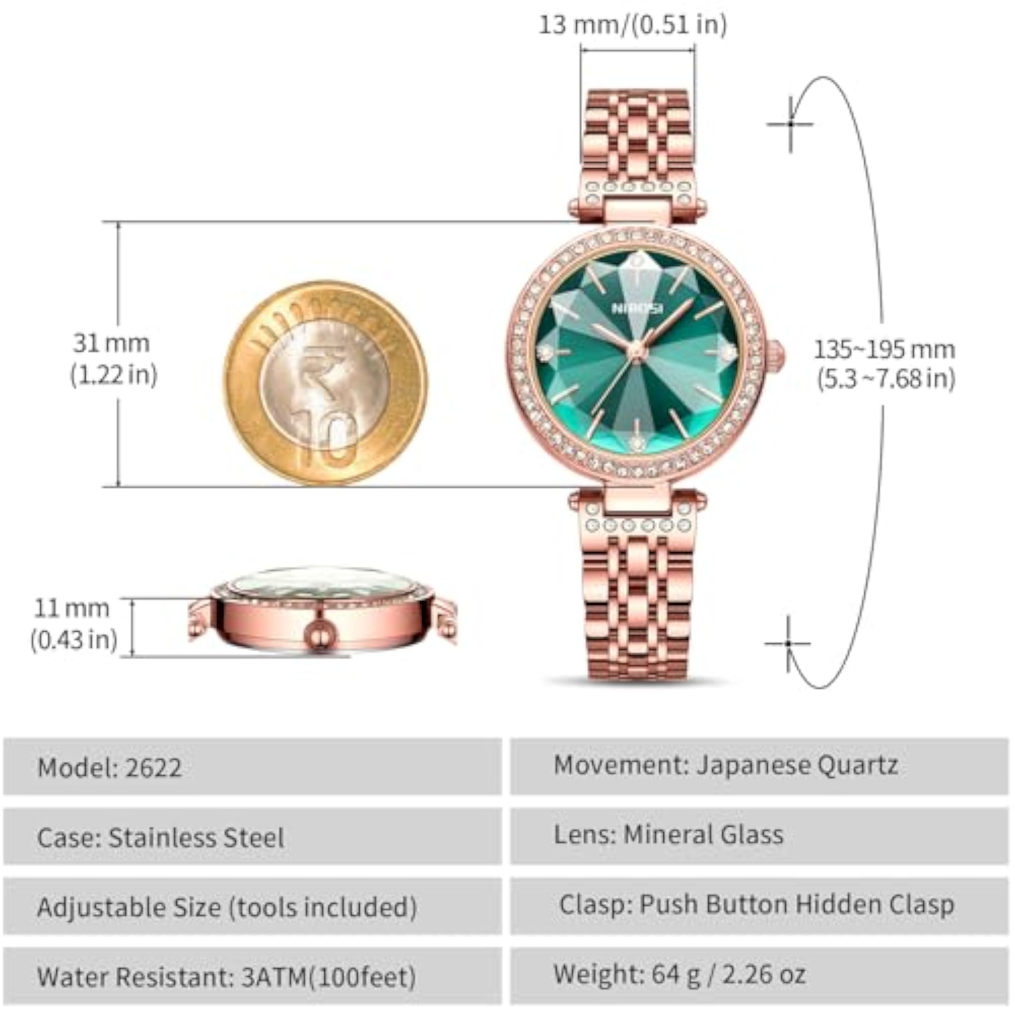 Women's Diamond Studded Square Dial Watch, Elegant Gift