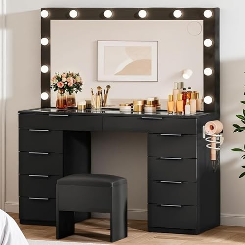 Image of DWVO 10 Drawer Large Makeup Vanity Table with Glass Top, LED Mirror, Charging Station & Cushioned Storage Stool, 46-Inch Dressing Desk Set with 3 Lighting Modes Brightness Adjustable, Dark Black