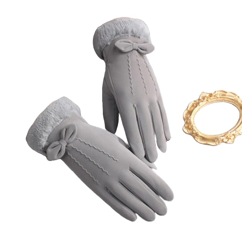 The Purple TreeSuede Leather Gloves For Women with Bow (1 pair, Grey) Bow Gloves, Cute Gloves, Warm gloves, Winter accessory, cold weather gloves, fur lined gloves